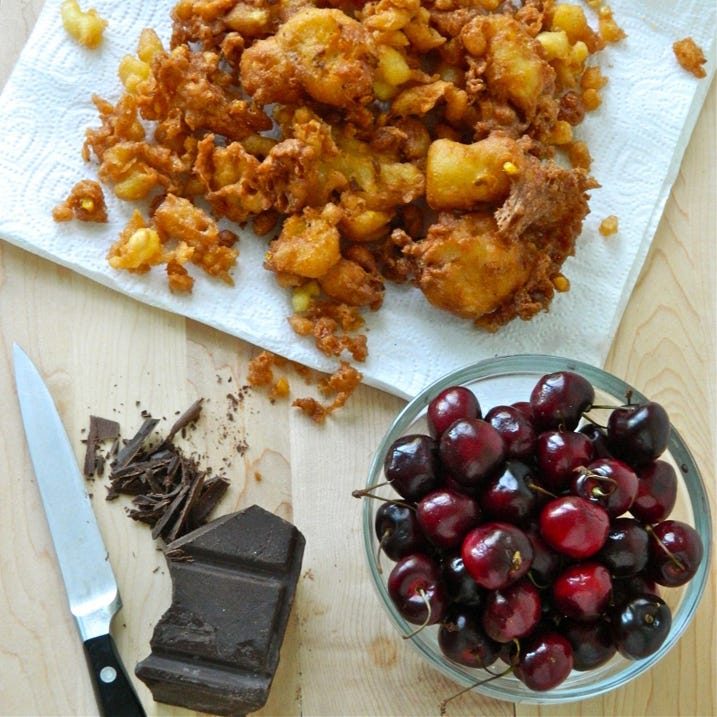 <p>These sweet and spicy summer fritters are inspired by funnel cake. Dust them <em>generously</em> with powdered sugar as an ode to their inspiration.</p>
<p><strong>Get the recipe from <a href="http://www.thefooddocs.com/sweet-corn-fritters-with-fresh-cherries-and-a-spicy-chocolate-sauce/" target="_blank">The Food Doctors</a>.</strong></p>