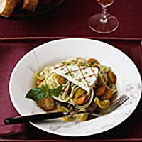 Spaghettini with Pesto Tomatoes and Grilled Eggplant