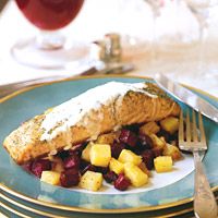 Roasted Salmon, Beets and Potatoes with Horseradish Cream
