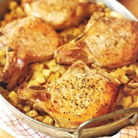 Pork Chops with Mushroom Bread Pudding