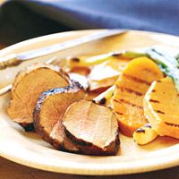 Grilled Spice-Rubbed Pork Tenderloin with Sweet Potatoes and Scallions