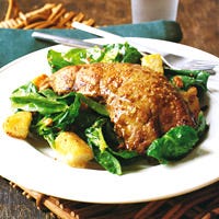 Calf's Liver with Spinach Salad, Croutons, and Pine Nuts