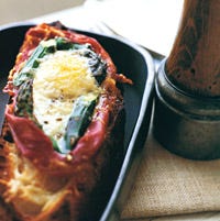 Baked Eggs with Spinach, Asparagus, and Prosciutto