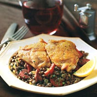 Chicken Thighs with Lentils, Chorizo, and Red Pepper