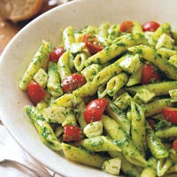Penne with Salsa Verde, Mozzarella and Cherry Tomatoes