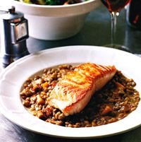 Roasted Salmon with Lentils and Bacon