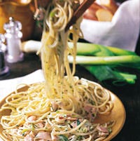 Spaghetti with Smoked Turkey and Leeks