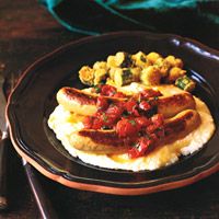 Turkey Sausage with Cheddar-Cheese Grits and Tomato Sauce