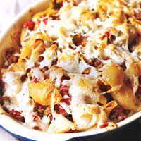 <p>Here's a true crowd-pleaser: pasta shells in a simple sauce of ground beef, tomatoes, and pesto, layered with mozzarella and Parmesan and baked until bubbly. Fusilli or orecchiette would work well here, too.</p>
<p><strong>Recipe:</strong> <a href="http://www.delish.com/recipefinder/baked-shells-pesto-mozzarella-meat-sauce-recipe-7989" target="_blank"><strong>Baked Shells with Pesto, Mozzarella, and Meat Sauce</strong></a></p>