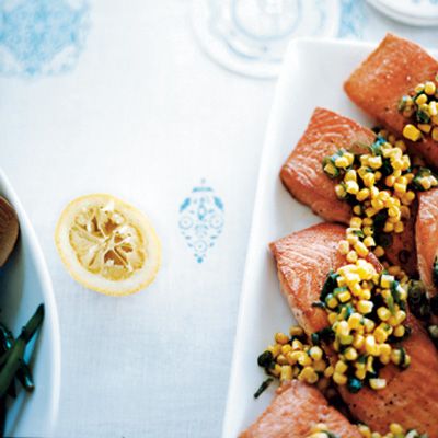 Roasted Salmon with Raw Corn and Green Onion Relish