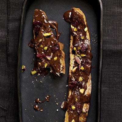 Chocolate Crostini with Pistachios and Dried Cherries