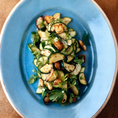 Zucchini with Roasted Almonds and Zucchini Bread Croutons
