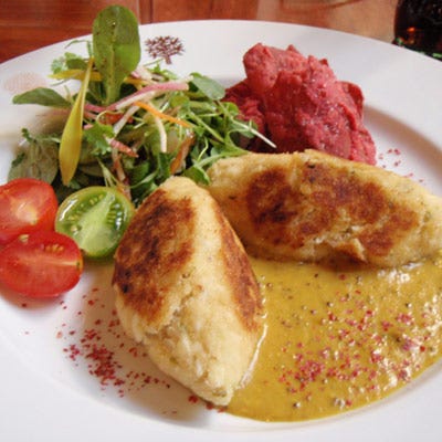 Crabmeat Cakes, Crisp Beets, and Sweet Potatoes