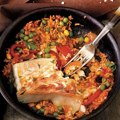 Smoky Halibut Paella with Brown Basmati Rice