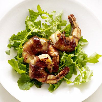 Arugula Salad with Honey-Glazed, Bacon-Wrapped Shrimp