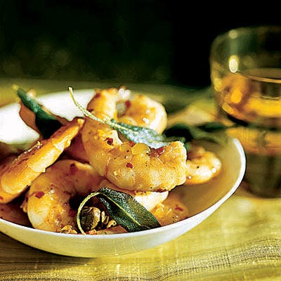Shrimp with Meyer Lemons, Capers, and Fried Sage Leaves