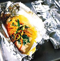 Sea Bass Baked in Foil with Pesto, Zucchini, and Carrots