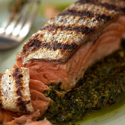 Grilled Salmon with Cilantro-Pecan Pesto