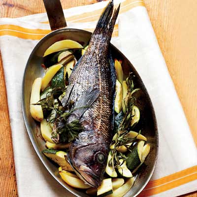 Baked Bass with Fingerlings and Zucchini