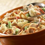 Here's a tasty way to use up leftovers, or a simple dish to start from scratch.  Canned chicken, French fried onions and cream of celery soup make it easy and delicious.<br />