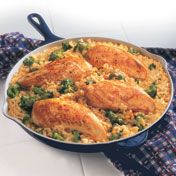 This easy skillet supper features chicken, broccoli and rice simmering in a creamy gravy made with Campbell's Condensed Cream of Chicken Soup.