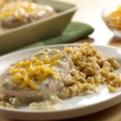 This one-dish recipe couldn't be easier to make...and since it features juicy pork chops atop cornbread stuffing, it's sure to be a hit with your family too.<br />