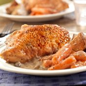 Chicken and vegetables roast together in a creamy and savory gravy to make a dish that's easy, hearty and delicious.
