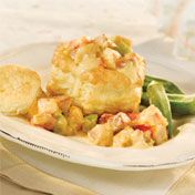 Golden puff pastry shells are filled with a Louisiana-style gumbo made with chicken, shrimp, kielbasa, green and red peppers and cream of celery soup.