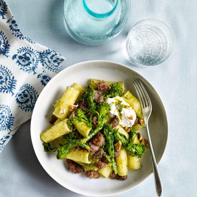 Pasta with Walnut Pesto, Sausage, and Broccoli Rabe