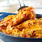 Spicy south-of-the-border flavor is featured when chicken breasts are baked in a Pace{{{reg}}} Picante Sauce and topped with crunchy tortilla chips and melted Cheddar cheese.