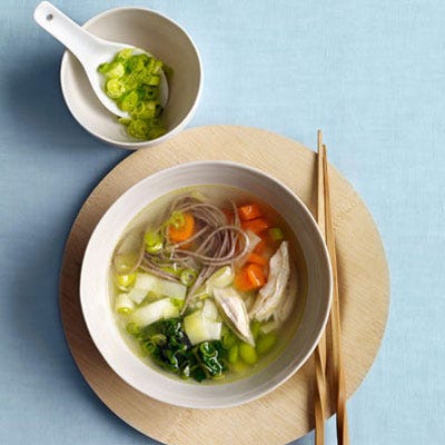 Miso, chard, and buckwheat noodles stand in for bouillon, peas, and pasta in this twist on classic chicken noodle soup. Leeks and scallions add cancer-fighting phytochemicals to the magnesium- and folate-rich brew. Since miso and edamame have a lot of protein, the chicken can be omitted and this will be a nutritious vegetarian soup. The saltiness of miso varies per brand; choose a high-quality product to keep salt to a minimum.<br /><br /><b>Recipe: <a href="/recipefinder/miso-noodle-soup-recipe" target="_blank">Miso Noodle Soup</a></b>
