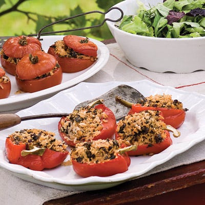 Tomatoes and Peppers Stuffed with Basmati Rice and Kale