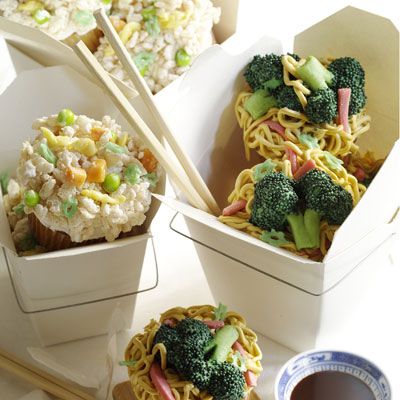 <p>Follow up the burger feast with some Chinese takeout. The kids will love this broccoli: green fruit chews with green frosting and nonpareils on a pile of lo mein noodles made of frosting squeezed from a ziplock bag.</p><br /><p><b>Recipe: </b><a href="/recipefinder/chinese-takeout-cupcakes-recipe-opr0710"target="_blank"><b>Chinese Takeout Cupcakes</b></a></p>