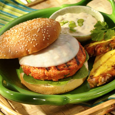 Asian Salmon Burgers with Green Onion and Soy Sauce Mayonnaise