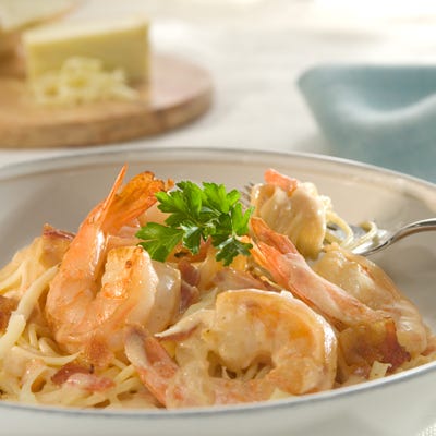 Pink Shrimp with Bacon and Onions