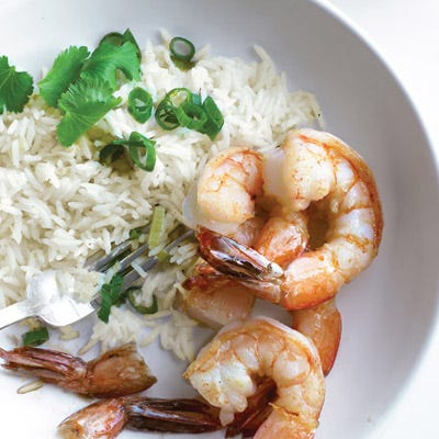 Sauteed Shrimp with Scallion Rice and Soy-Lime Sauce