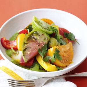 This salad is a deconstructed take on gazpacho, a chilled Spanish soup. Tabasco sauce adds a kick of spice!<br /><br /><a href="http://www.redbookmag.com/recipefinder/gazpacho-tomato-salad-recipe-rbk0810"><b>Get the recipe!</b></a>