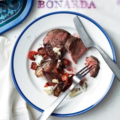Beef Tenderloin with Tomatoes, Shallots, and Maytag Blue
