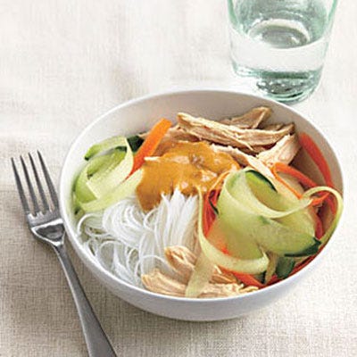 Peanut Butter and Chicken Noodles With Carrot and Cucumber Ribbons Peanut Noodles With Chicken