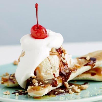 Grilled Banana Splits with Hot Fudge and Rum Caramel Sauce
