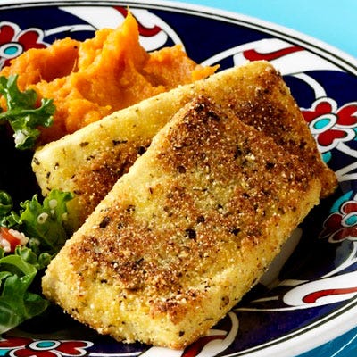 Cornmeal-Crusted Tofu with Mashed Sweet Potatoes