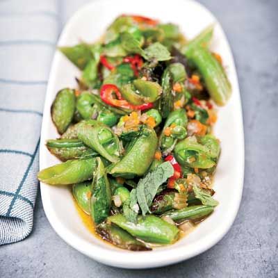 Sugar Snap Peas with Soffrito, Hot Pepper, and Mint