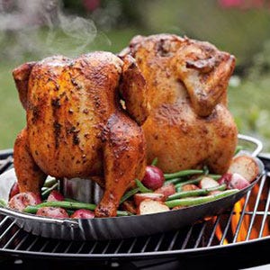 <p>As its name so proudly proclaims, the VCR holds two whole chickens — up to 5 pounds each — upright as it roasts. This heavy-duty, stainless-steel roaster has a center reservoir that holds beer, wine, or other savory liquids, which adds flavor and moisture to the chicken as it cooks. (You could also use water, but why?) This particular beer chicken roaster stands out from the rest thanks to removable cones, which allow you to reconfigure the pan as a grill-top skillet for side dishes. (<a href="http://www.williams-sonoma.com/products/two-in-one-vertical-chicken-roaster/?pkey=e|vertical%2Bchicken%2Broaster|2|best|0|1|24||1&cm_src=PRODUCTSEARCH||NoFacet-_-NoFacet-_-NoMerchRules-_-" target="_blank">williamssonoma.com</a>, $49.95)</p>