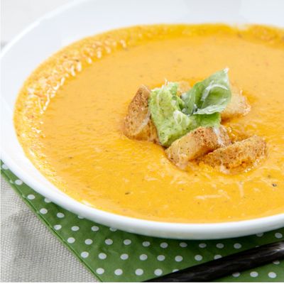 Roasted Tomato and Pepper Soup with Pesto Cream Cheese
