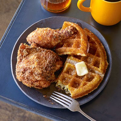 Cornmeal Waffles with Apple Cider Syrup