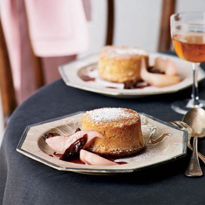Fallen Toasted-Almond SoufflÃ©s with Poached Pears and Prunes