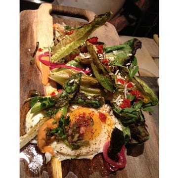 Grilled Romaine Salad with Asparagus, Romesco, and Farm Egg