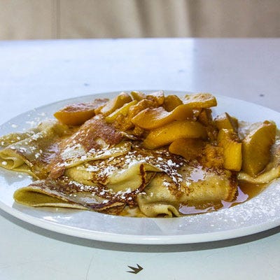 Succotash's Swedish Pancakes with Sweet Ricotta Filling and Gingered Peach Syrup