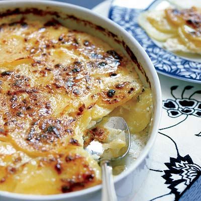 herbed potato gratin with roasted garlic and manchego