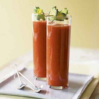 Vegetable Smoothie Cucumber, red pepper, and scallions blend in our Vegetable Smoothie to help get the morning off to a vigorous start.